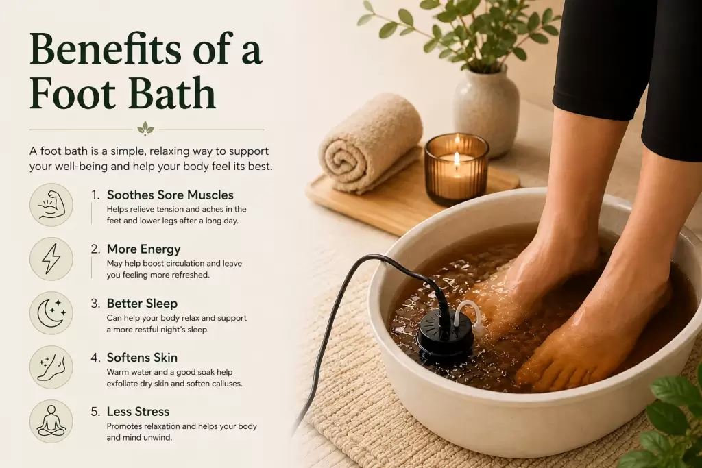 What is an ionic foot bath blog header featuring a person relaxing during a warm foot soak wellness session.⁠