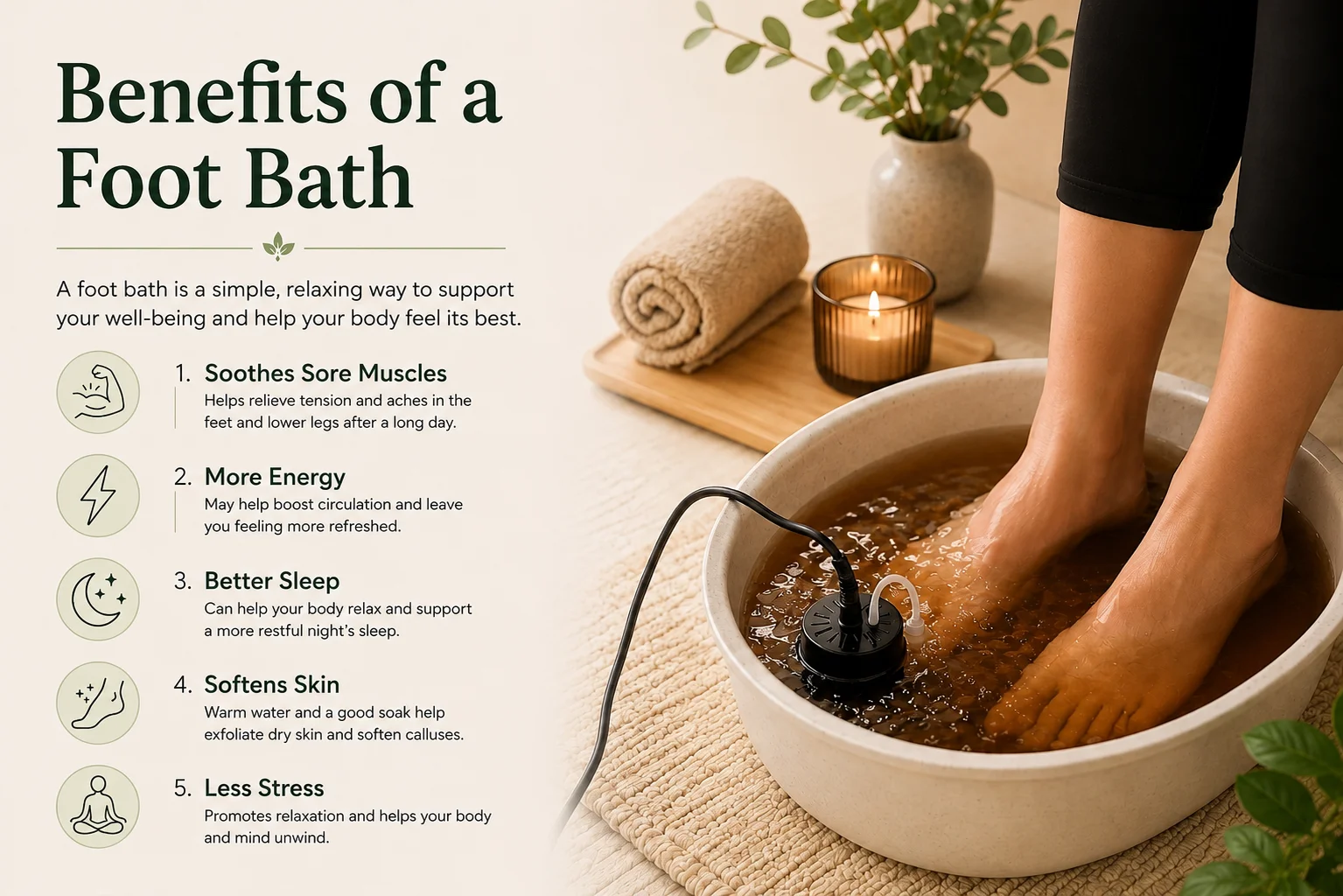 What is an ionic foot bath blog header featuring a person relaxing during a warm foot soak wellness session.⁠