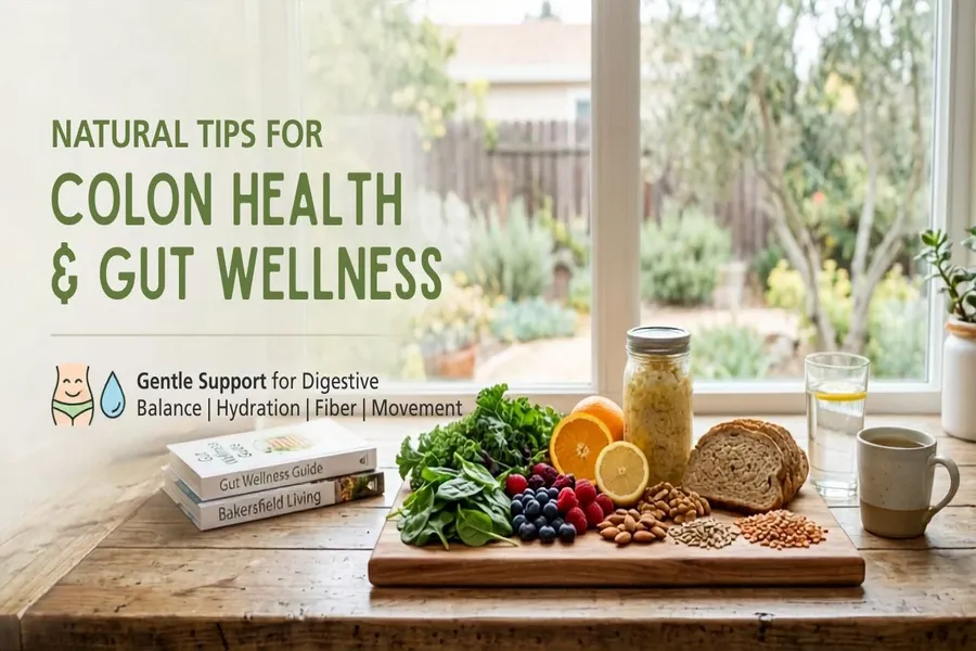 Natural tips for colon health and gut wellness blog header featuring fresh fruits, vegetables, and water on a wooden table.⁠
